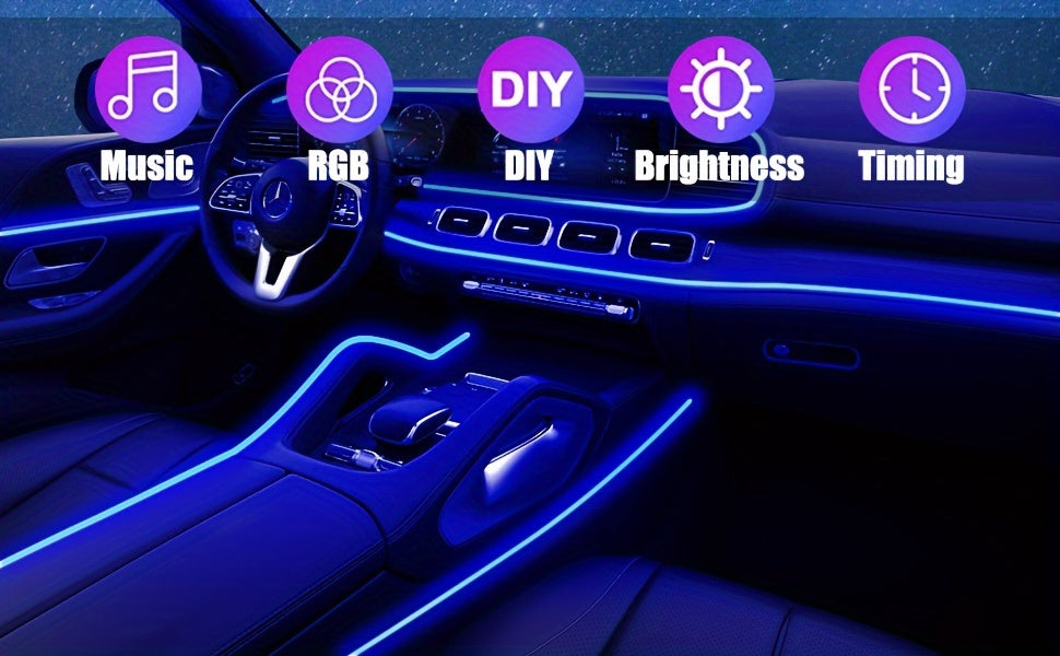 196 Inch Car Interior LED Strip Lights, RGB USB Ambient Led Lighting Kit With App Control Fiber Optics&Music Sync Rhythm, for Car Door, Console&Dashboard