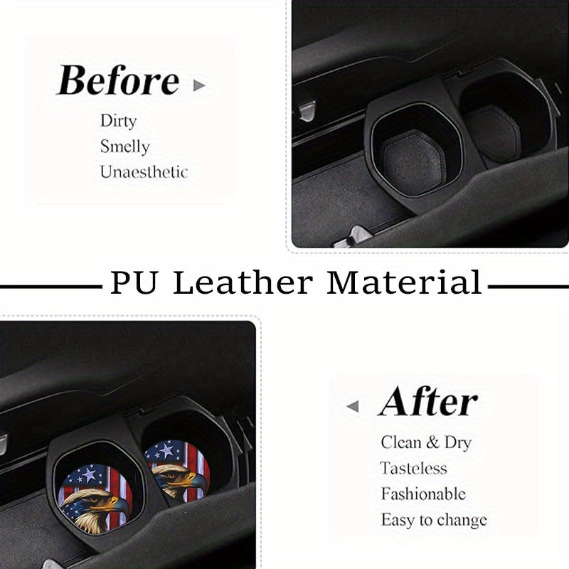2pcs/set American Flag Eagle Pattern Coasters - Durable PU Leather, Non Slip, Waterproof, Heat-Insulating, and Easy to Clean - Perfect for Car Interior Decor and Desktop Decor, Multipurpose Coasters for Cars, Dining Tables, a