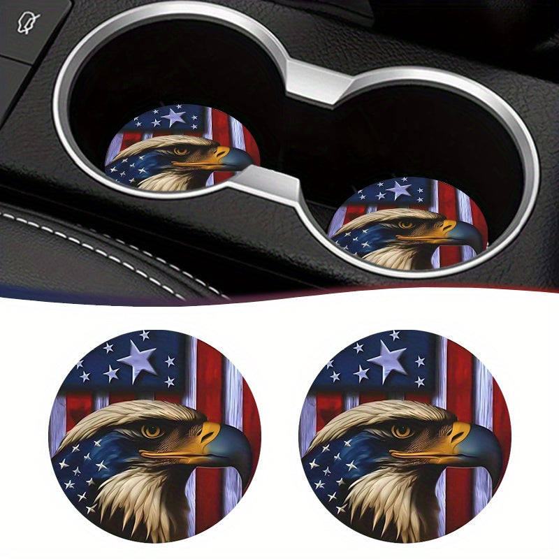 2pcs/set American Flag Eagle Pattern Coasters - Durable PU Leather, Non Slip, Waterproof, Heat-Insulating, and Easy to Clean - Perfect for Car Interior Decor and Desktop Decor, Multipurpose Coasters for Cars, Dining Tables, a