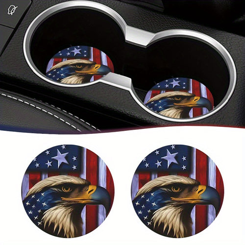2pcs/set American Flag Eagle Pattern Coasters - Durable PU Leather, Non Slip, Waterproof, Heat-Insulating, and Easy to Clean - Perfect for Car Interior Decor and Desktop Decor, Multipurpose Coasters for Cars, Dining Tables, a