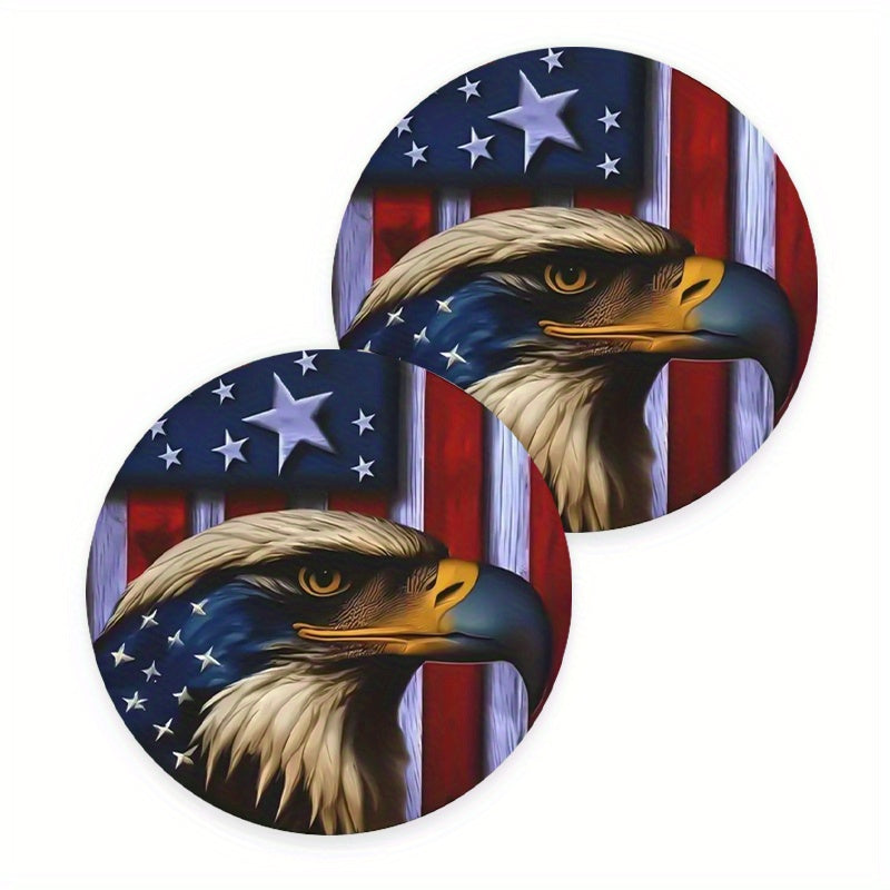 2pcs/set American Flag Eagle Pattern Coasters - Durable PU Leather, Non Slip, Waterproof, Heat-Insulating, and Easy to Clean - Perfect for Car Interior Decor and Desktop Decor, Multipurpose Coasters for Cars, Dining Tables, a