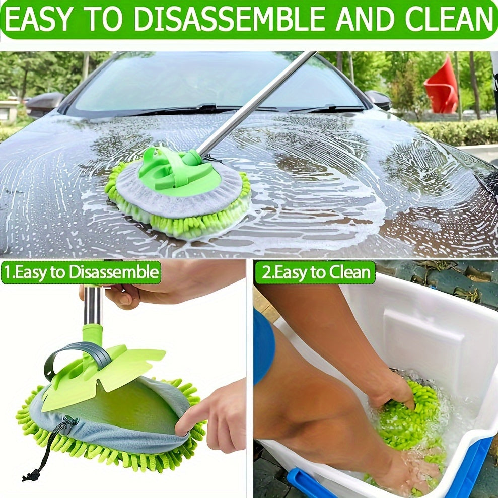 47.5" Long Handle Car Wash Brush Mop Kit for Washing, Detailing, Cleaning Automotive Truck SUV RV Trailer with Sponge Duster Mitt, Won't Hurt Paint