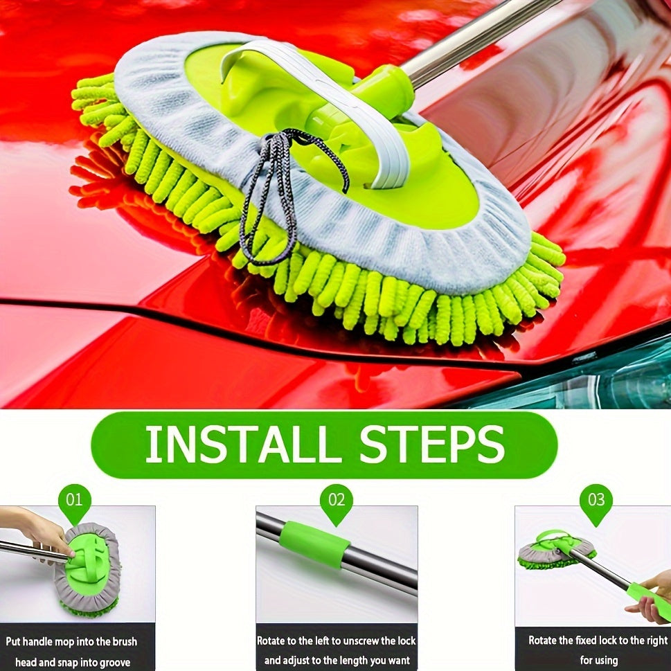 47.5" Long Handle Car Wash Brush Mop Kit for Washing, Detailing, Cleaning Automotive Truck SUV RV Trailer with Sponge Duster Mitt, Won't Hurt Paint