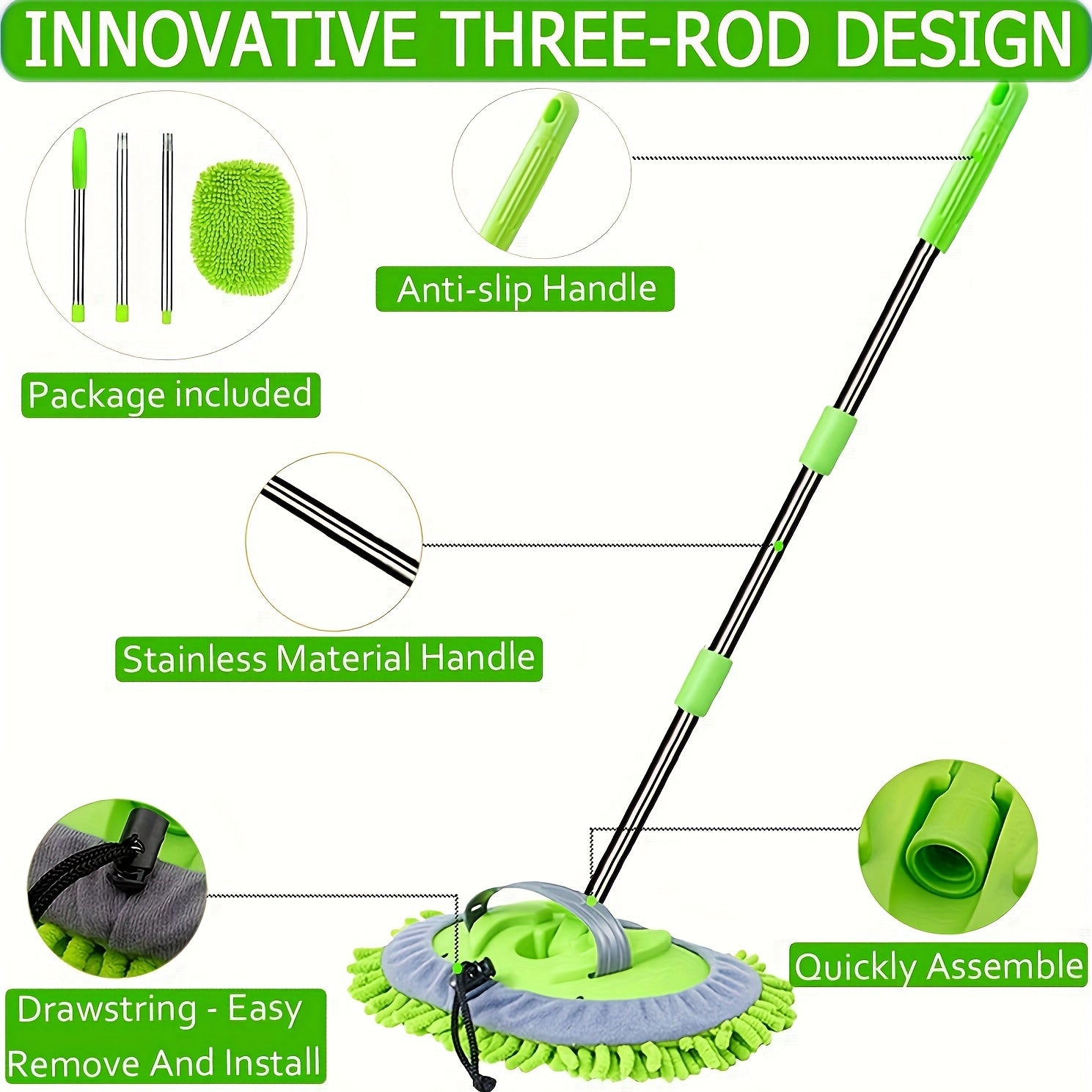 47.5" Long Handle Car Wash Brush Mop Kit for Washing, Detailing, Cleaning Automotive Truck SUV RV Trailer with Sponge Duster Mitt, Won't Hurt Paint