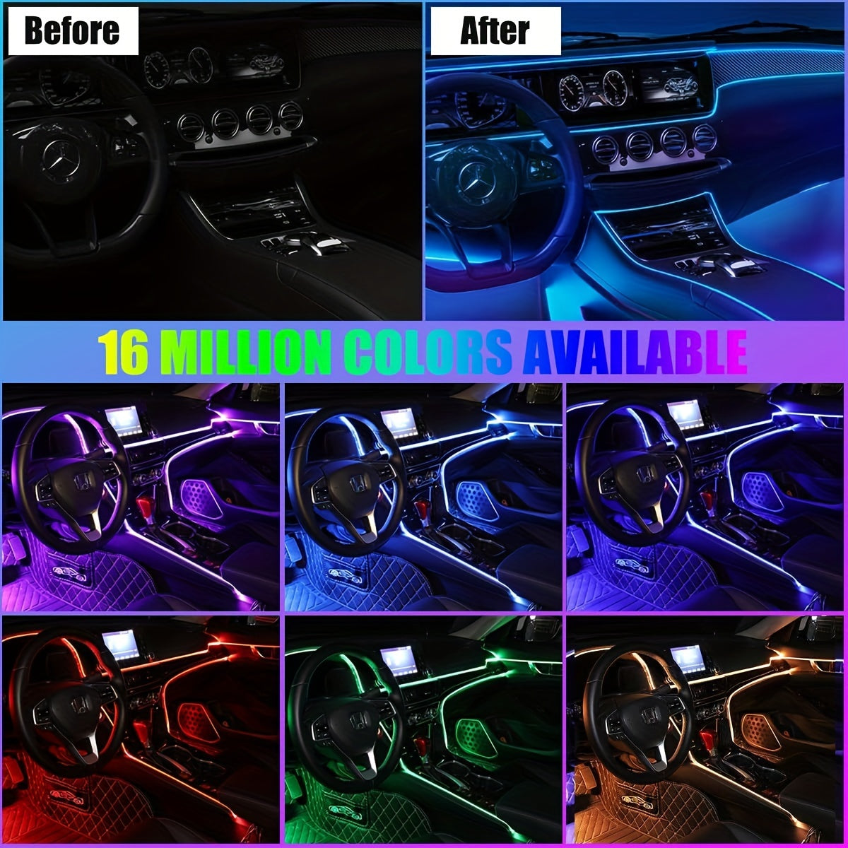 196 Inch Car Interior LED Strip Lights, RGB USB Ambient Led Lighting Kit With App Control Fiber Optics&Music Sync Rhythm, for Car Door, Console&Dashboard